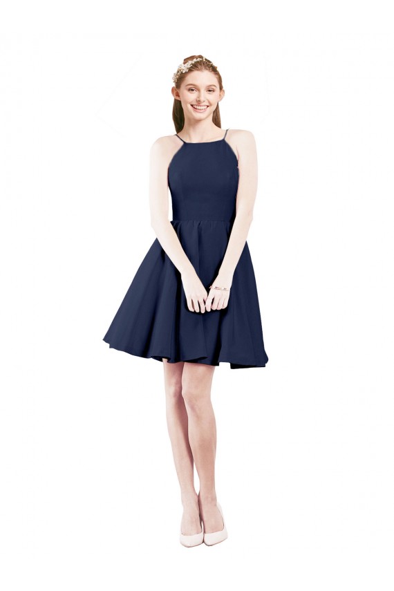 Boutique Bleu marine foncé Trapèze Licou Satiné Courte Robes demoiselle d'honneur / Robes de cocktail