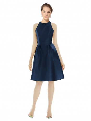 Boutique Bleu marine foncé Trapèze Licou Satiné Courte Robes demoiselle d'honneur / Robes de cocktail