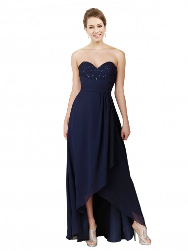 Boutique Bleu marine foncé Trapèze Mousseline Longue Asymétrique Robes demoiselle d'honneur