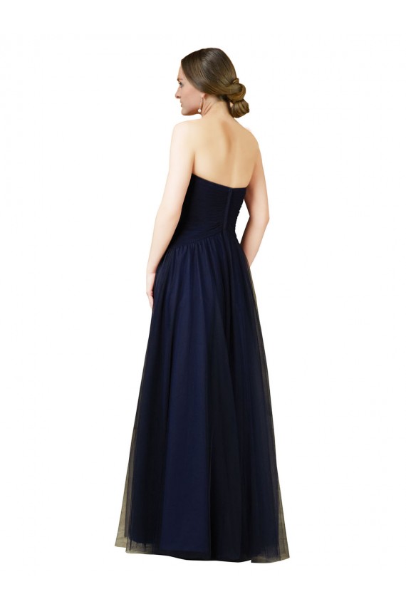 Boutique Bleu marine foncé Trapèze Sans bretelle Tulle Longue Robes demoiselle d'honneur
