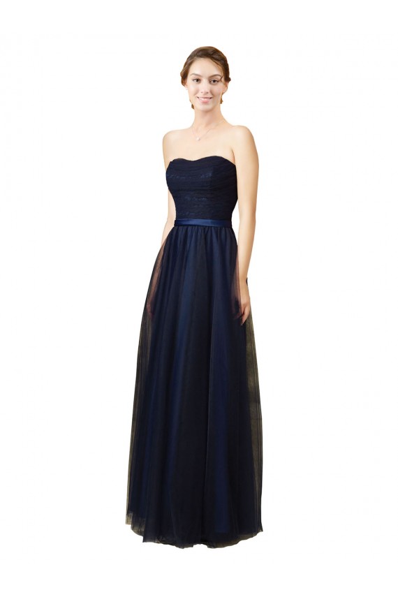 Boutique Bleu marine foncé Trapèze Sans bretelle Tulle Longue Robes demoiselle d'honneur