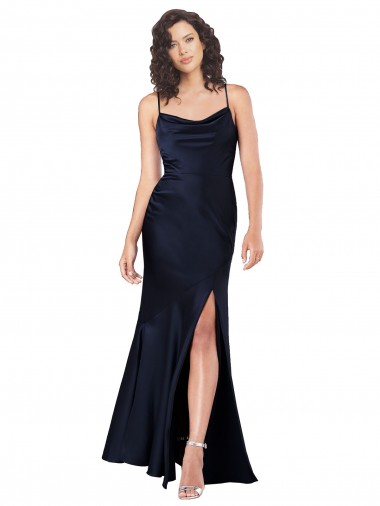 Boutique Bleu marine foncé Trapèze Satiné Soyeux Longue Formelles Robes demoiselle d'honneur / Robes de soirée / Robes de bal