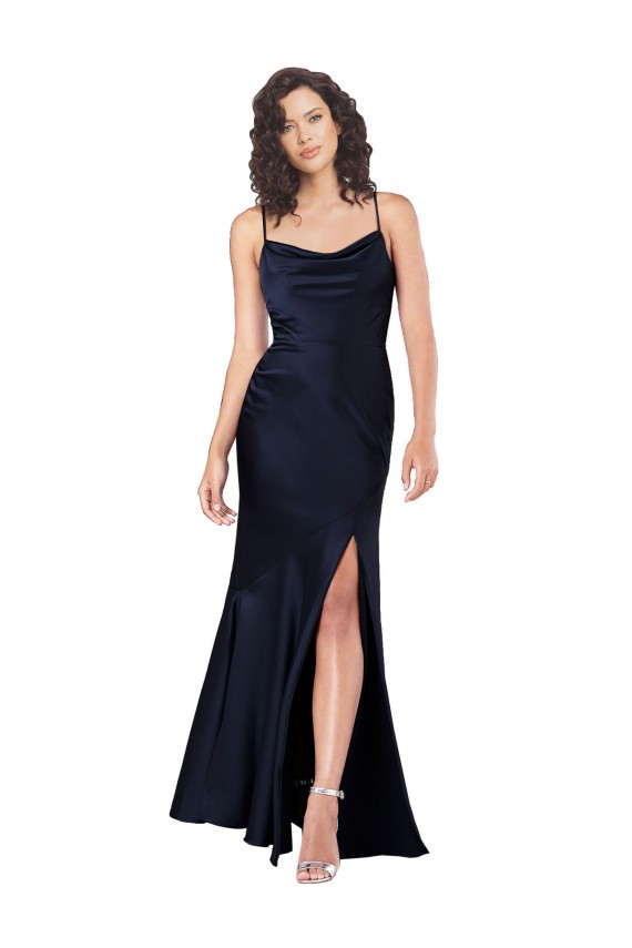 Boutique Bleu marine foncé Trapèze Satiné Soyeux Longue Formelles Robes demoiselle d'honneur / Robes de soirée / Robes de bal