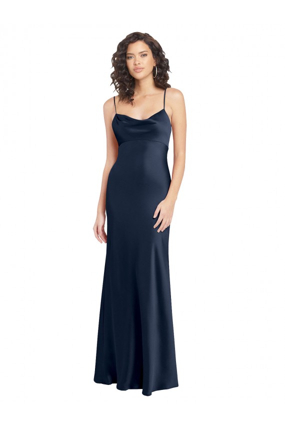 Boutique Bleu marine foncé Trapèze Satiné Stretch Longue Formelles Robes demoiselle d'honneur / Robes de soirée / Robes de bal