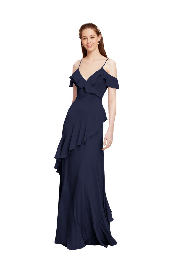Boutique Bleu marine foncé Trapèze Épaule Dénudée Bretelles spaghetti Mousseline Longue Robes demoiselle d'honneur