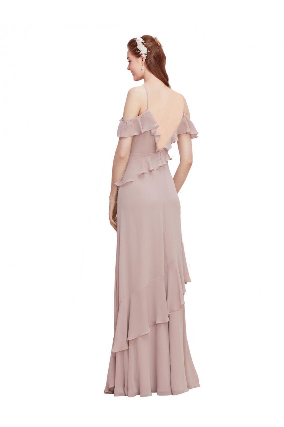 Boutique Bleu marine foncé Trapèze Épaule Dénudée Bretelles spaghetti Mousseline Longue Robes demoiselle d'honneur