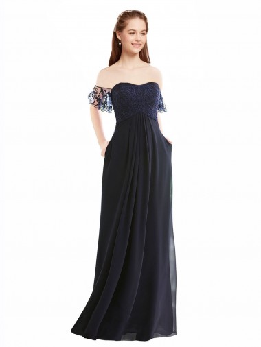 Boutique Bleu marine foncé Trapèze Épaule Dénudée Col V Mousseline Dentelle Longue Robes demoiselle d'honneur