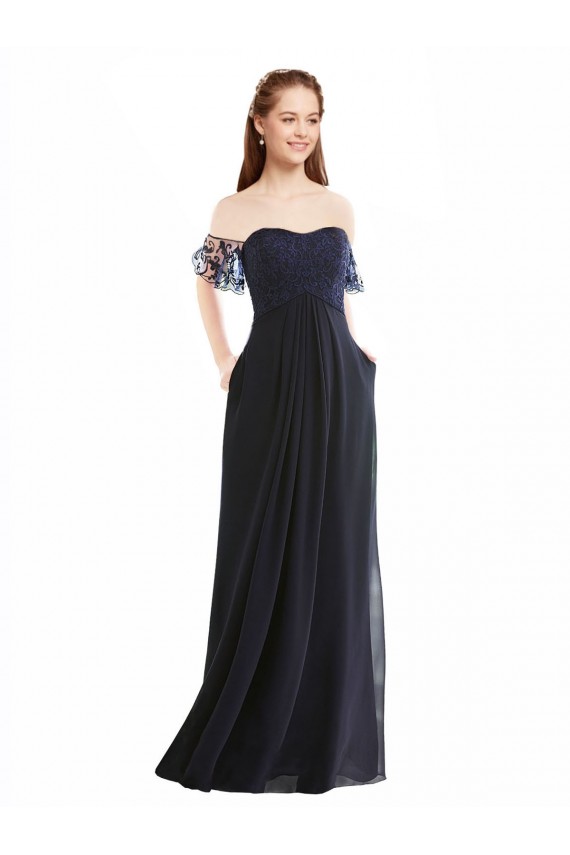 Boutique Bleu marine foncé Trapèze Épaule Dénudée Col V Mousseline Dentelle Longue Robes demoiselle d'honneur