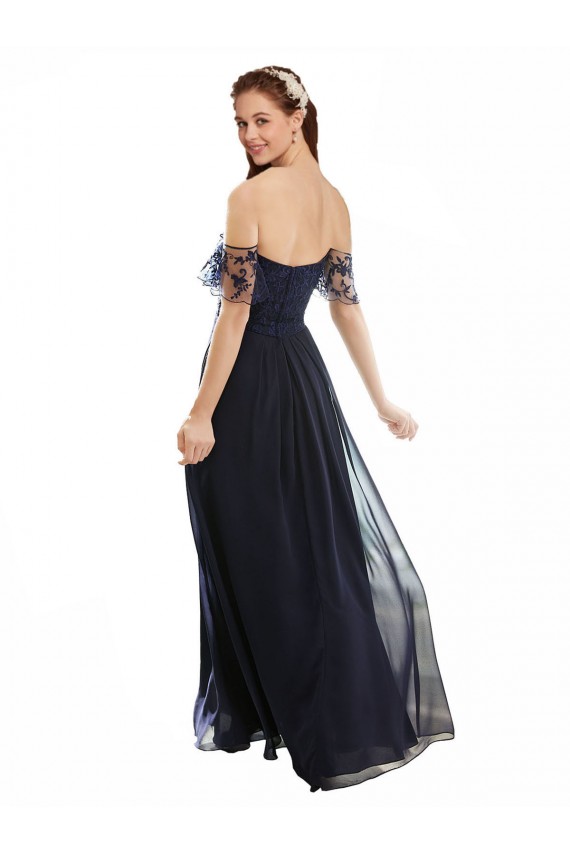 Boutique Bleu marine foncé Trapèze Épaule Dénudée Col V Mousseline Dentelle Longue Robes demoiselle d'honneur