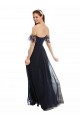 Boutique Bleu marine foncé Trapèze Épaule Dénudée Col V Mousseline Dentelle Longue Robes demoiselle d'honneur