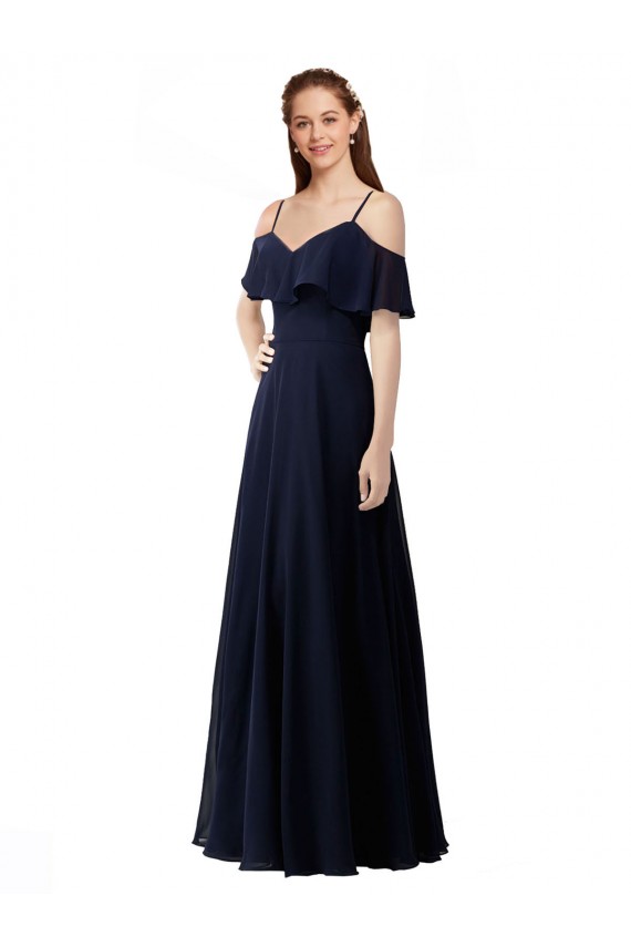 Boutique Bleu marine foncé Trapèze Épaule Dénudée Col V Mousseline Longue Robes demoiselle d'honneur