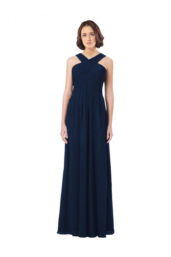 Boutique Bleu marine foncé Trapèze Épaule Dénudée Mousseline Longue Robes demoiselle d'honneur