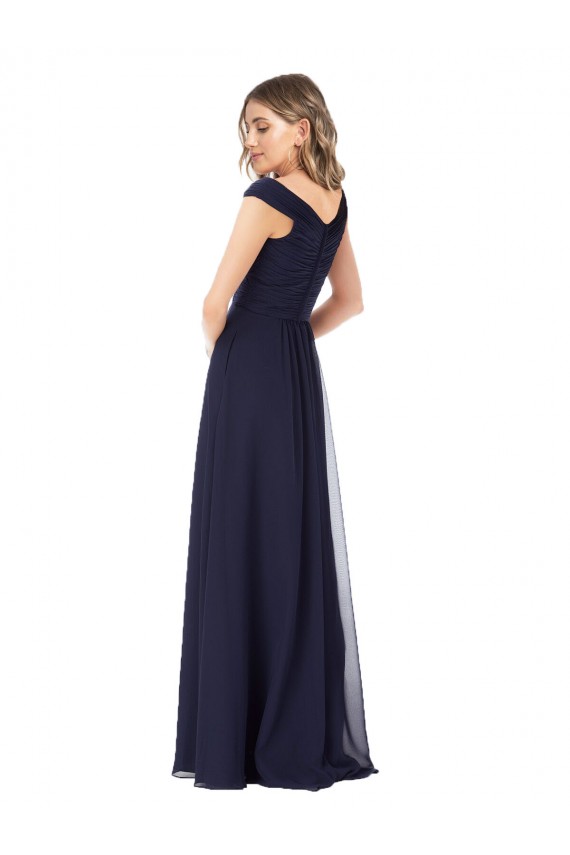 Boutique Bleu marine foncé Trapèze Épaule Dénudée Mousseline Longue Robes demoiselle d'honneur