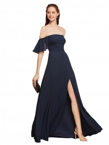 Boutique Bleu marine foncé Trapèze Épaule Dénudée Mousseline Longue Robes demoiselle d'honneur / Robes de bal