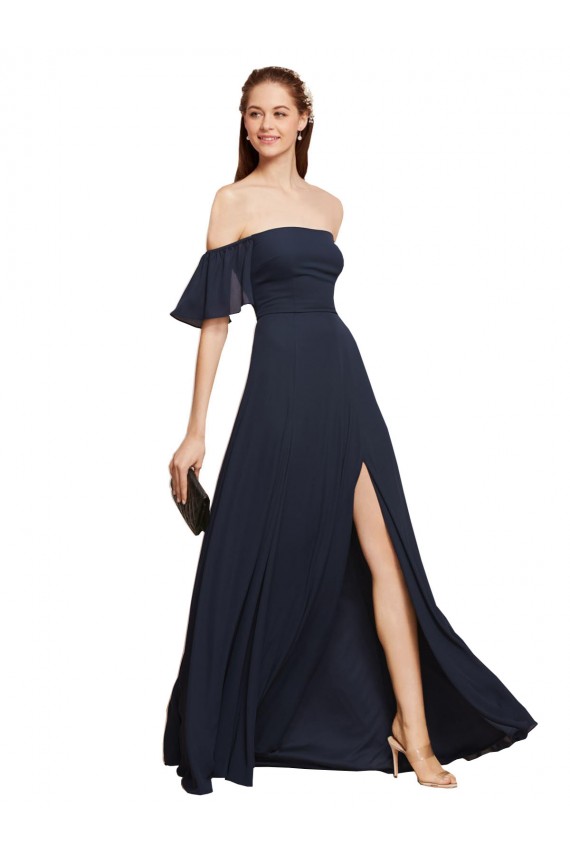 Boutique Bleu marine foncé Trapèze Épaule Dénudée Mousseline Longue Robes demoiselle d'honneur / Robes de bal