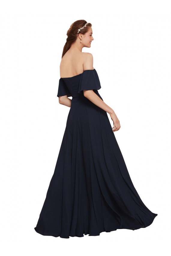 Boutique Bleu marine foncé Trapèze Épaule Dénudée Mousseline Longue Robes demoiselle d'honneur / Robes de bal