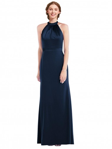 Boutique Bleu marine foncé Trompette Col Haut Crêpe Stretch Longue Robes demoiselle d'honneur / Robes de bal