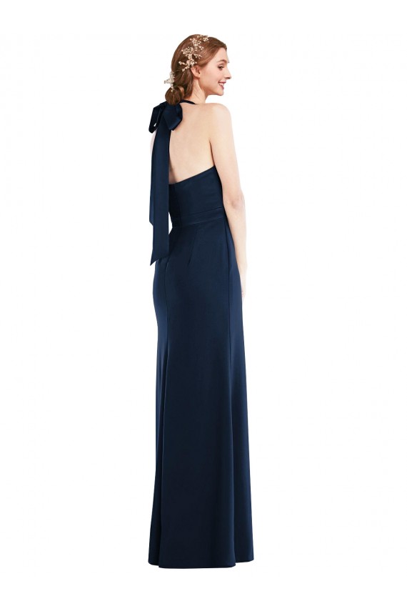 Boutique Bleu marine foncé Trompette Col Haut Crêpe Stretch Longue Robes demoiselle d'honneur / Robes de bal