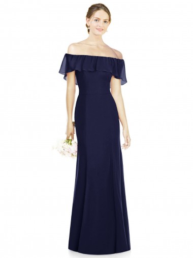 Boutique Bleu marine foncé Trompette Épaule Dénudée Mousseline Longue Robes demoiselle d'honneur