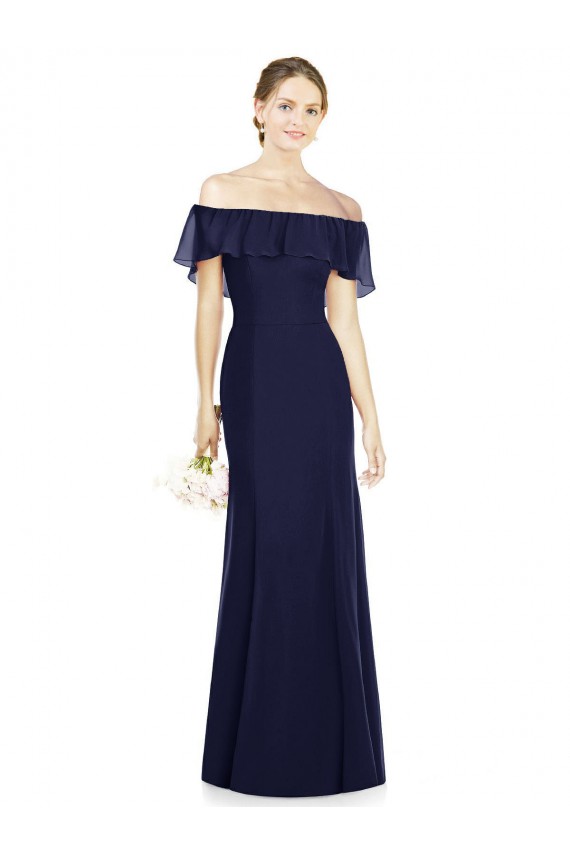 Boutique Bleu marine foncé Trompette Épaule Dénudée Mousseline Longue Robes demoiselle d'honneur