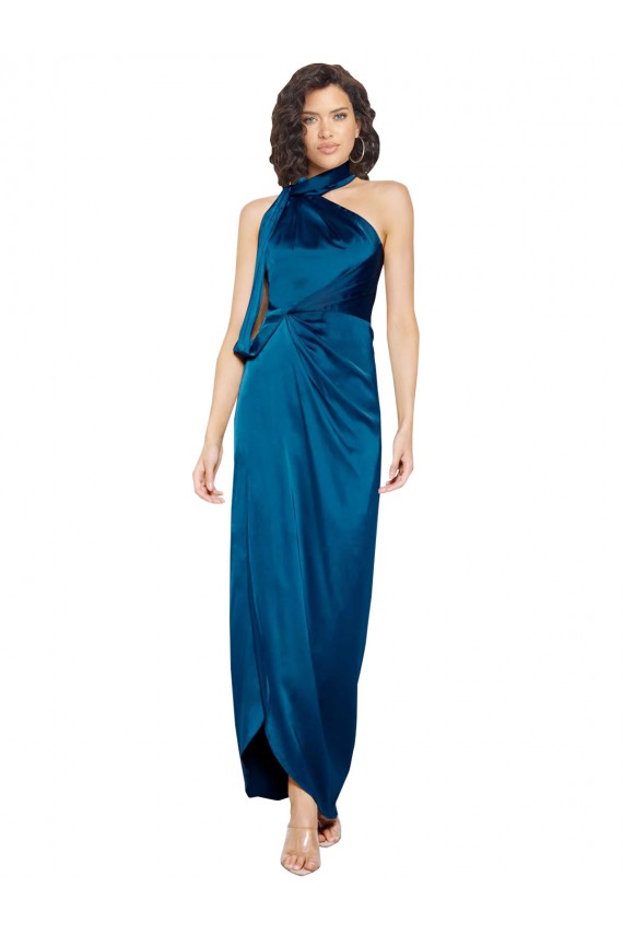 Boutique Bleu paon Fourreau Licou Col Haut Satiné Soyeux Longue Formelles Robes demoiselle d'honneur / Robes de soirée / Robes de bal