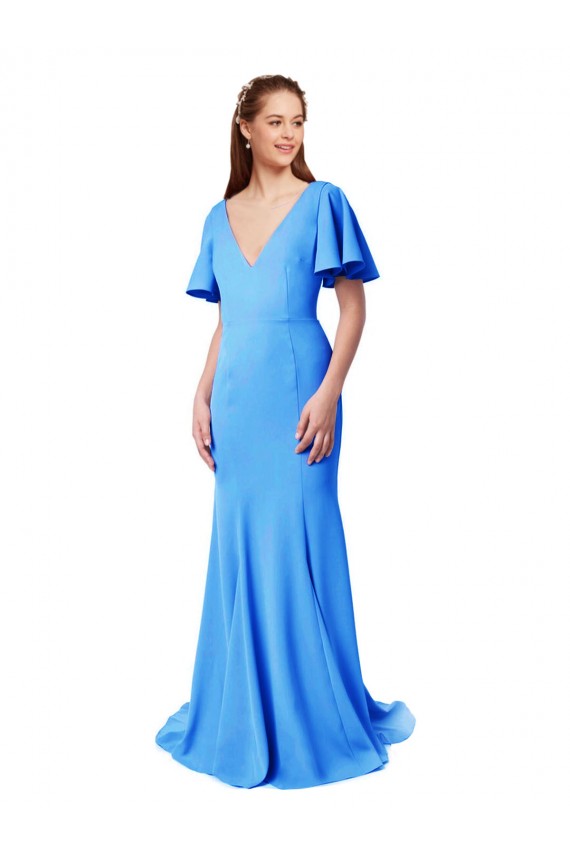 Boutique Bleu paon Sirène Col V Balayage train Crêpe Stretch Longue Robes demoiselle d'honneur / Robes de bal