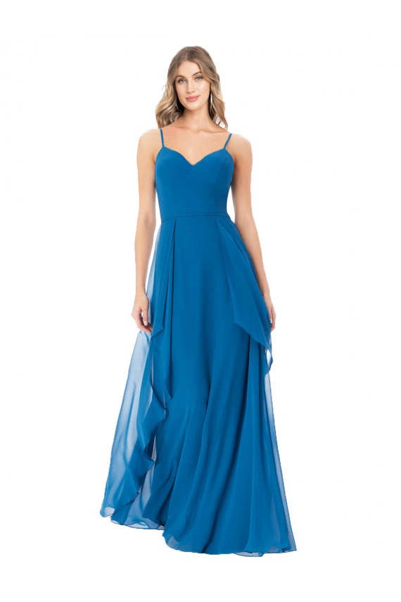 Boutique Bleu paon Trapèze Bretelles spaghetti Mousseline Longue Robes demoiselle d'honneur