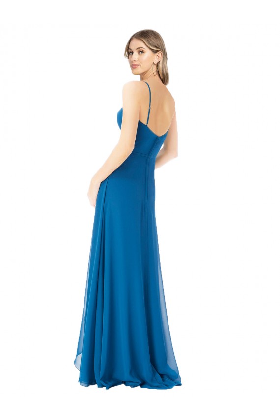Boutique Bleu paon Trapèze Bretelles spaghetti Mousseline Longue Robes demoiselle d'honneur