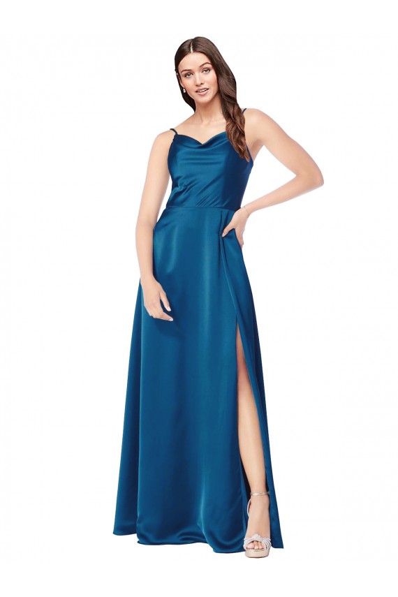 Boutique Bleu paon Trapèze Bretelles spaghetti Satiné Soyeux Longue Formelles Robes demoiselle d'honneur / Robes de soirée / Robes de bal