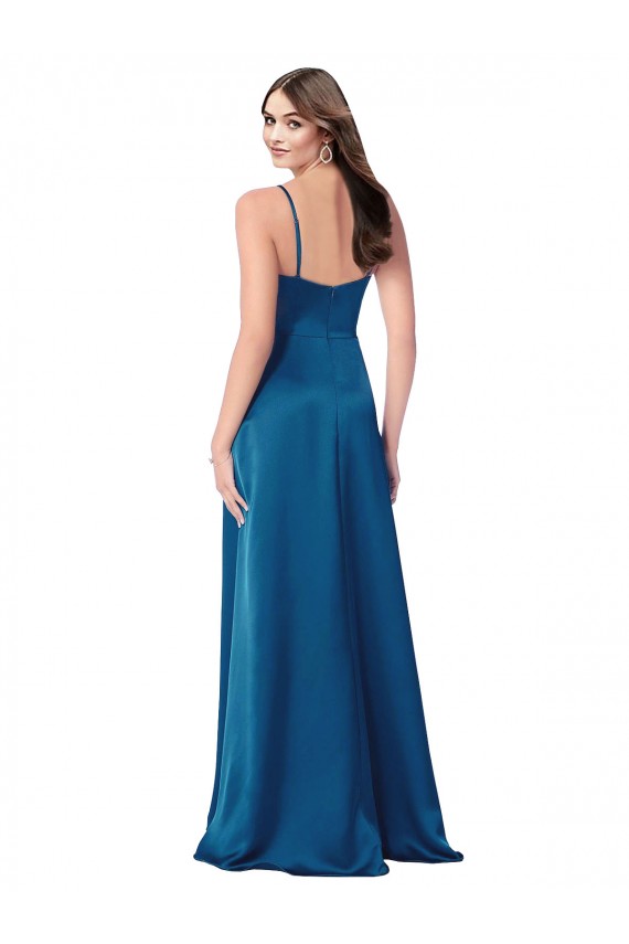 Boutique Bleu paon Trapèze Bretelles spaghetti Satiné Soyeux Longue Formelles Robes demoiselle d'honneur / Robes de soirée / Robes de bal