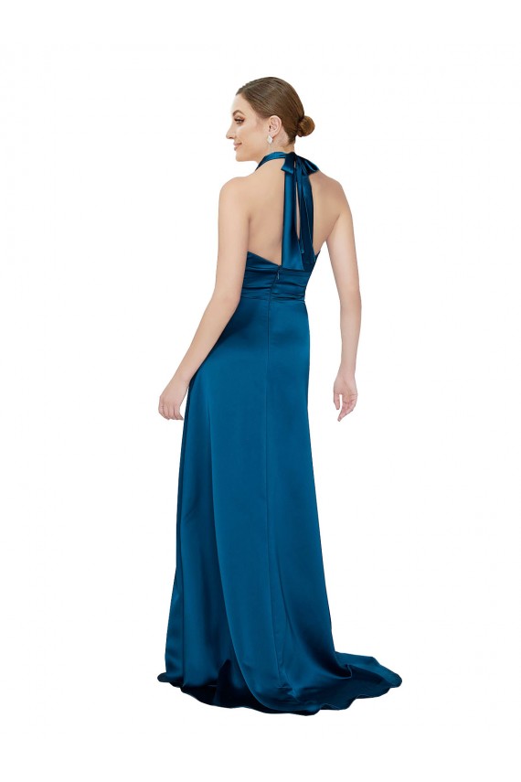 Boutique Bleu paon Trapèze Licou Satiné Soyeux Longue Formelles Robes demoiselle d'honneur / Robes de soirée / Robes de bal