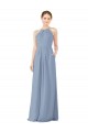 Boutique Bleu poussiéreux Fourreau Licou Col Haut Mousseline Longue Robes demoiselle d'honneur