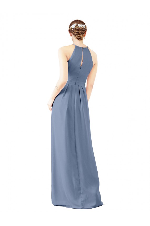 Boutique Bleu poussiéreux Fourreau Licou Col Haut Mousseline Longue Robes demoiselle d'honneur