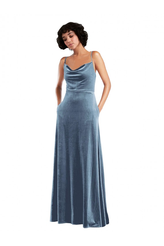 Boutique Bleu poussiéreux Fourreau Velours Stretch Longue Robes demoiselle d'honneur / Robes de bal
