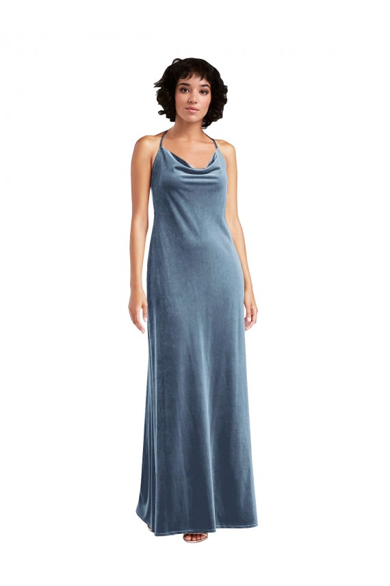Boutique Bleu poussiéreux Fourreau Velours Stretch Longue Robes demoiselle d'honneur / Robes de bal
