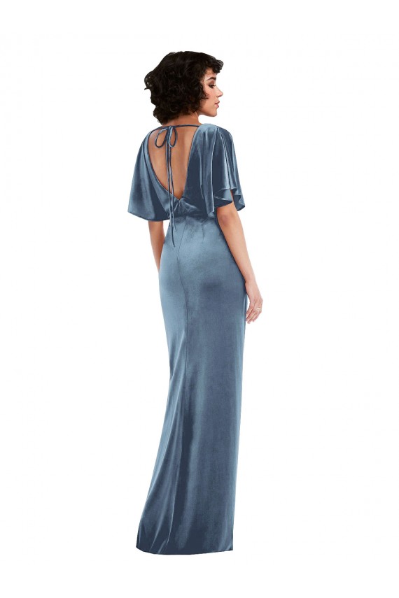 Boutique Bleu poussiéreux Fourreau Velours Stretch Longue Robes demoiselle d'honneur / Robes de bal