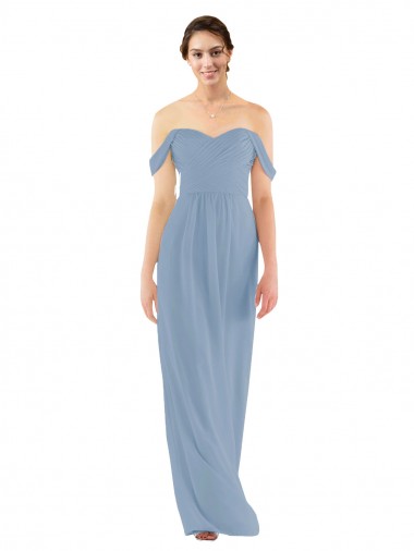 Boutique Bleu poussiéreux Fourreau Épaule Dénudée Mousseline Longue Robes demoiselle d'honneur