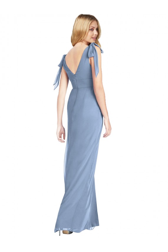 Boutique Bleu poussiéreux Sirène Col V Mousseline Longue Robes demoiselle d'honneur