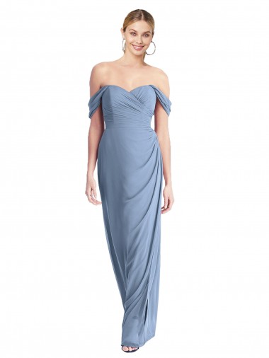 Boutique Bleu poussiéreux Sirène Épaule Dénudée Mousseline Longue Robes demoiselle d'honneur