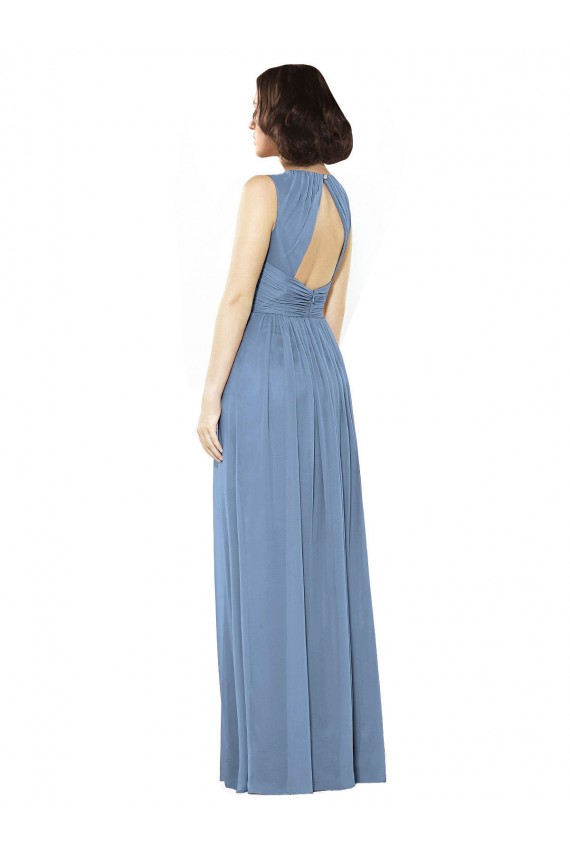Boutique Bleu poussiéreux Trapèze Bateau Mousseline Longue Robes demoiselle d'honneur