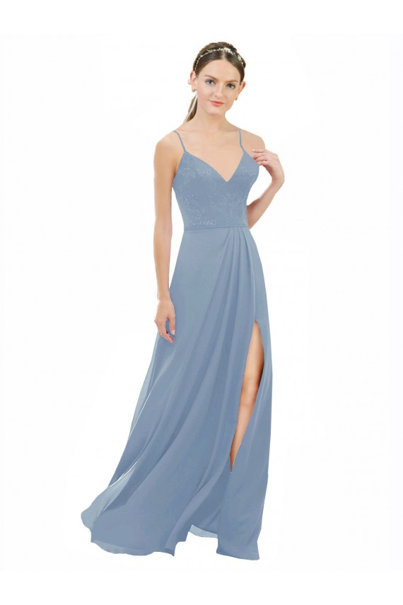 Boutique Bleu poussiéreux Trapèze Bretelles spaghetti Col V Mousseline Dentelle Longue Robes demoiselle d'honneur