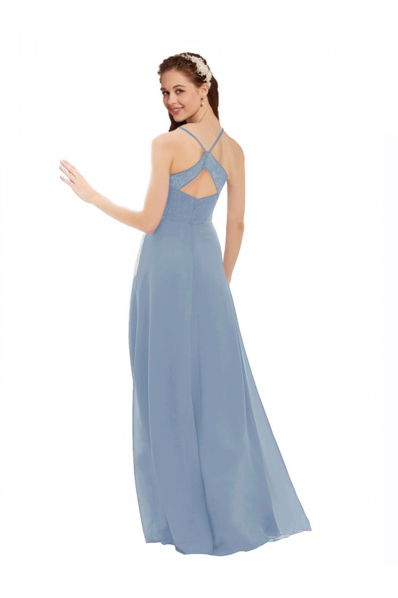 Boutique Bleu poussiéreux Trapèze Bretelles spaghetti Col V Mousseline Dentelle Longue Robes demoiselle d'honneur