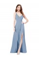 Boutique Bleu poussiéreux Trapèze Bretelles spaghetti Col V Mousseline Longue Robes demoiselle d'honneur