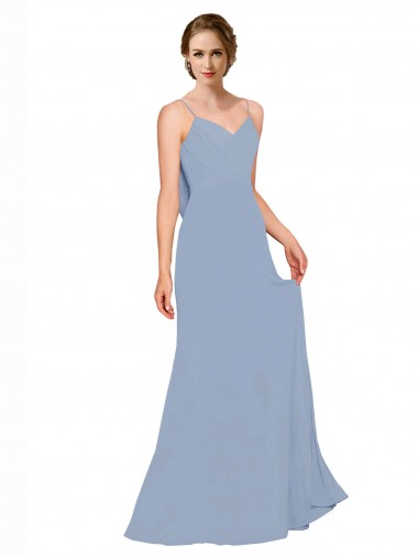 Boutique Bleu poussiéreux Trapèze Bretelles spaghetti Mousseline Longue Robes demoiselle d'honneur