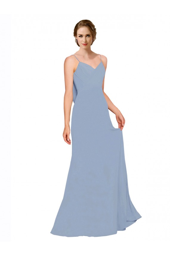Boutique Bleu poussiéreux Trapèze Bretelles spaghetti Mousseline Longue Robes demoiselle d'honneur