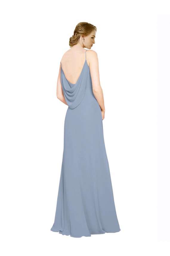 Boutique Bleu poussiéreux Trapèze Bretelles spaghetti Mousseline Longue Robes demoiselle d'honneur