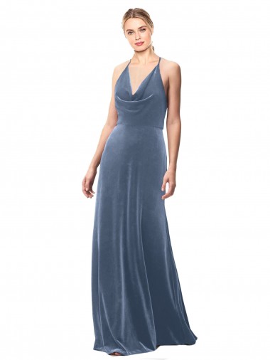 Boutique Bleu poussiéreux Trapèze Bretelles spaghetti Velours Stretch Longue Robes demoiselle d'honneur / Robes de bal