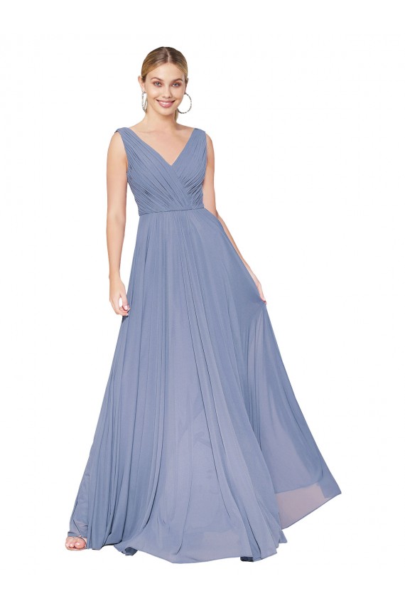 Boutique Bleu poussiéreux Trapèze Col V Mousseline Longue Formelles Robes demoiselle d'honneur / Robes de soirée / Robes de bal