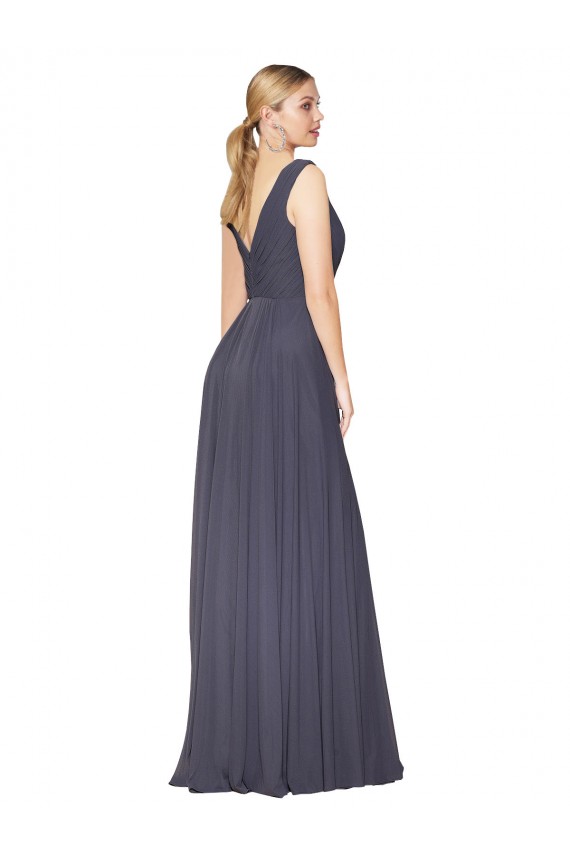 Boutique Bleu poussiéreux Trapèze Col V Mousseline Longue Formelles Robes demoiselle d'honneur / Robes de soirée / Robes de bal