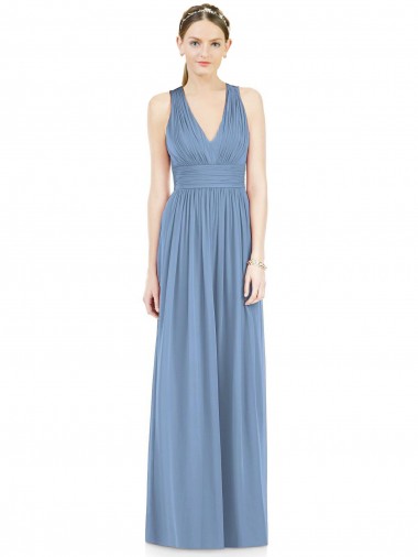 Boutique Bleu poussiéreux Trapèze Col V Mousseline Longue Robes demoiselle d'honneur